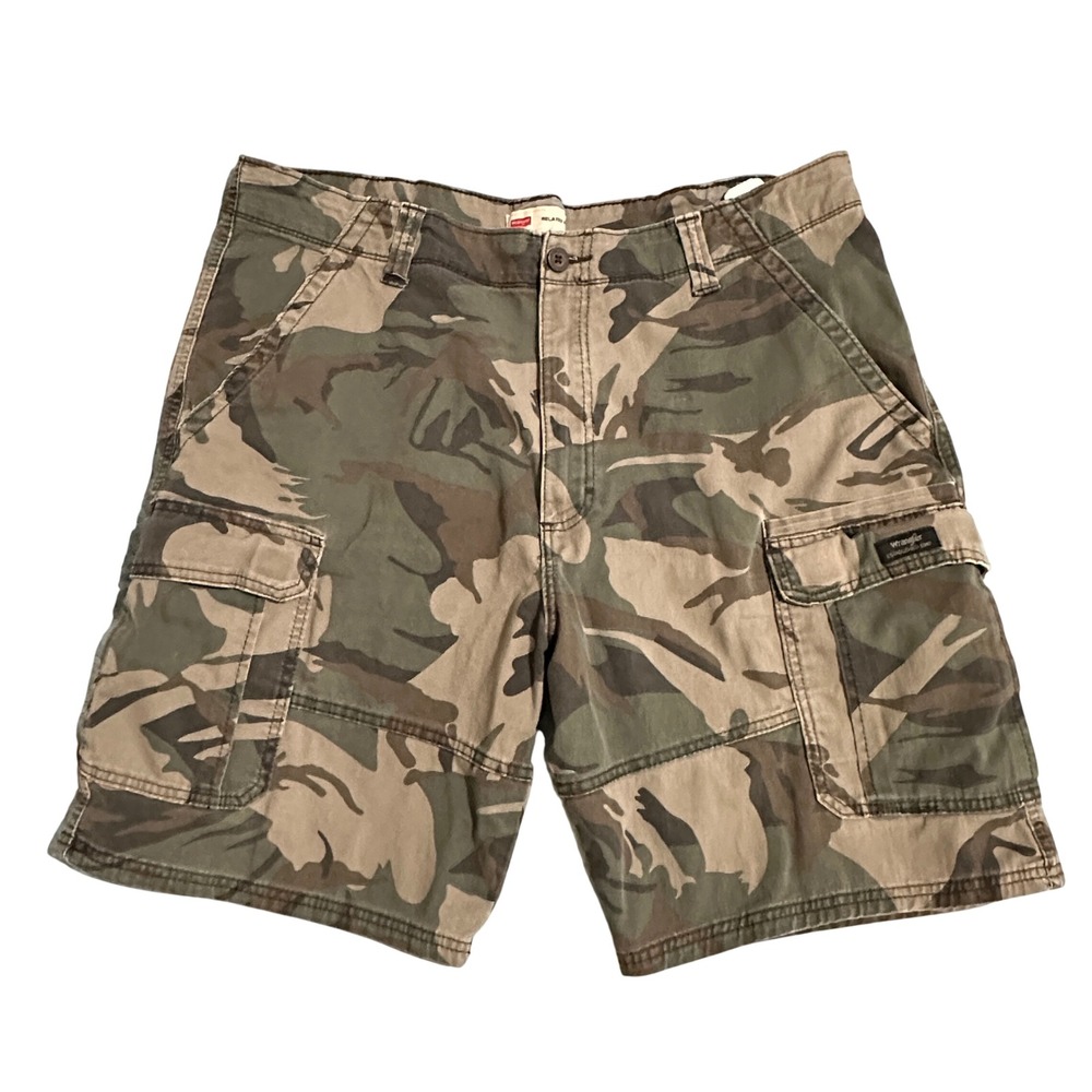 Wrangler Mens Relaxed Fit Camo Cargo Shorts Green Brown Woodland Sz 38 Gorpcore